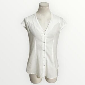 HELMUT LANG White Button-Up Blouse Top Shirt Short Capped Sleeves Sheer P S